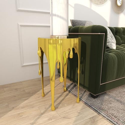 Deco 79 Aluminum Metal Abstract Side Table 16" x 16" x 25", Gold | Accent table, drip end table with melting designed legs and black glass top, unique end table, living room decor - color: Gold