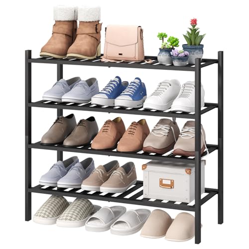 viewcare 4-Tier Black Bamboo Shoe Rack for Entryway, Stackable | Foldable | Natural, Shoe Organizer for Hallway Closet, Free Standing Shoe Racks for Indoor Outdoor - color: Black, size: 4-Tier