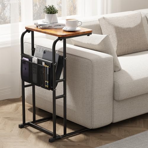 Olldide C-Shaped End Table with Storage Bag, Slide Under Couch Sofa Side Table, Metal Frame for Living Room, Bedroom, Bedside, Small Space (Rustic Brown) - color: Rustic Brown, size: 29in height