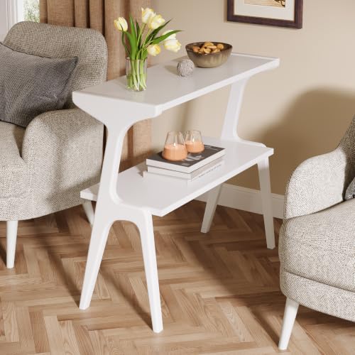 Tribesigns 2-Tier Solid Wood Side Table, Modern White End Table with Storage Shelves, Tall Slim Side Table for Couch with Unique Legs, Long Bedside Table for Bedroom, Living Room - color: White