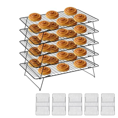 Cooling Rack 16"x10", 5-Tier Stackable & Collapsible Cooling Racks | Cooling Racks for Cooking and Baking, Roasting, Grilling, Oven & Dishwasher Safe (Black, 5-Tier) - color: Black, size: 5-Tier
