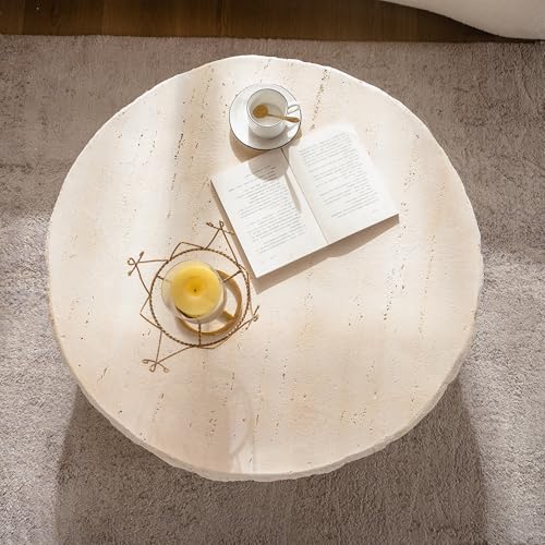 Round Coffee Table for Living Room Outdoor Faux Stone Coffee Table Amber Travertine Concrete Pattern, 31.49" Modern Faux Marble Center Tables Tea Tables, No Need Assemble, Beige - color: Faux Stone-round-31.49inch-beige-coffee
