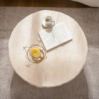 Round Coffee Table for Living Room Outdoor Faux Stone Coffee Table Amber Travertine Concrete Pattern, 31.49" Modern Faux Marble Center Tables Tea Tables, No Need Assemble, Beige - color: Faux Stone-round-31.49inch-beige-coffee