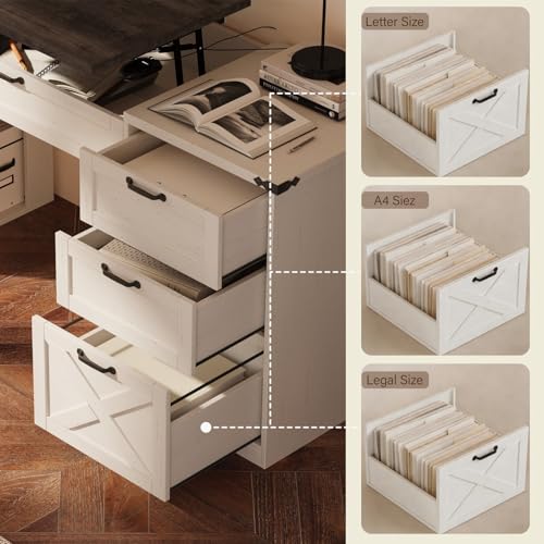 Farmhouse Lift Top Desk: Rustic Wood Standing Desk with 3 Drawers & Open Storage Shelves, Adjustable Height, White & Brown Home Office Computer Desk for Work, Study, Writing (White+Dark Walnut) - color: White+dark Walnut