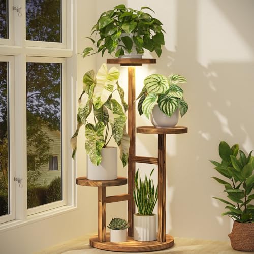 iDavosic.ly 3 Tier Plant Stand Indoor with Grow Light, Tiered Corner Wood Multiple Flower Holder Shelf, Tall Orchid Display Rack for Living Room Bedroom, Brown - color: Pine Brown with Light, size: 3 Tiers