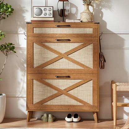 LEYAOYAO Shoe Cabinet Storage for Entryway with 2 Flip Drawers Rack Narrow Organizer Slim Hidden Wood Shoe Cabinet Furniture Tea Brown - color: Tea Brown