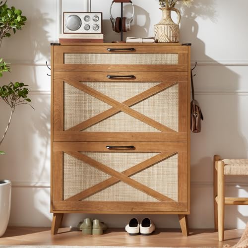 LEYAOYAO Shoe Cabinet Storage for Entryway with 2 Flip Drawers | Rack Narrow Organizer Slim Hidden Wood Shoe Cabinet Furniture - color: Tea Brown