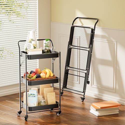 JAQ No Assembly Foldable Rolling Cart, 3 Tier Black Metal Folding Utility Cart with Handle, Heavy Duty Mobile Storage Organizer on Wheels for Office, Garage, Tools & Kitchen (Black) - color: Black/3-tier