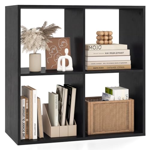 Tangkula 4-Cube Bookcase, 3-Tier Bookshelf with Open Compartments, Freestanding Cube Storage Organizer with Anti-Toppling Kits, Modern Display Shelf for Home Office (Black, 4-Cube) - color: Black, size: 4-Cube