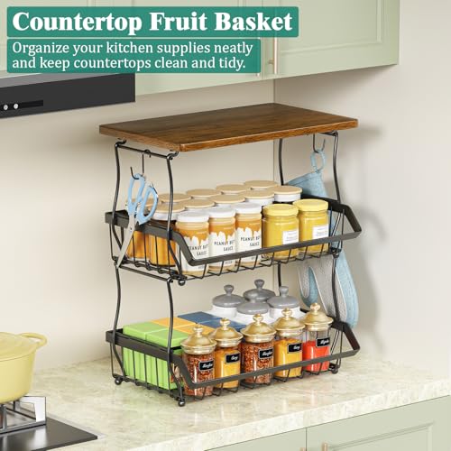 XYZLVSI 3 Tier Countertop Fruit Basket Bread Bowl with Wooden Top for Kitchen, Stackable Vegetable Potato Onion Storage Wire Basket with Banana Hangers, Black