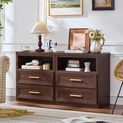 RWYHG 24'' Wide Farmhouse Night Stand with 2 Drawers,Wood Nightstand | Modern End Table Open Storage Shelf, Metal Handle, Mid-Century Bed Side Table for Bedroom, Living Room, Walnut - color: Walnut