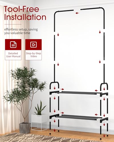 Sakugi Clothes Rack - 29.3" × 12.5" × 59.6" Clothing Rack and Shoe Rack with Anti-Slip Stopper, Large Capacity Rack with 2-Tier Shoe Organizer, Clothes Organizer for Bedroom, Entrance, Laundry, Black - color: Black