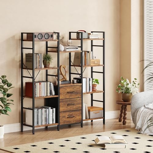 AFLUI Triple Bookshelf with 3 Fabric Drawers, 4-Tier Book Shelf and 10 Display Shelves, Industrial Large Bookcase for Home & Office, Rustic Brown, 47'' Wide - color: Rustic Brown, size: 4 Tier(47" W)