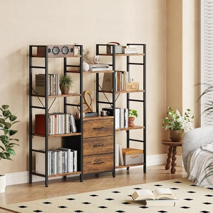AFLUI Triple Bookshelf with 3 Fabric Drawers, 4-Tier Book Shelf and 10 Display Shelves, Industrial Large Bookcase for Home & Office, Rustic Brown, 47'' Wide - color: Rustic Brown, size: 4 Tier(47" W)