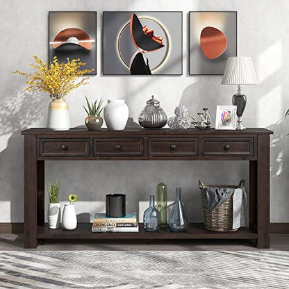 LKTART Solid Wood Console Table for Entryway,63" Sofa Table with 4 Drawers | Console Table with Storage Drawers,Farmhouse Sofa Table,Entryway Table for Hallway Foyer,Living Room,Easy Assembled,Espresso - color: Distressed Black