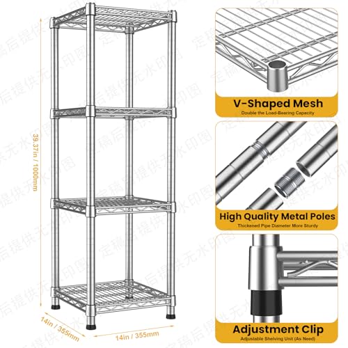 14" Metal Wire Shelving Unit Storage Shelves 4 Tier Adjustable Shelf Sturdy Steel Rack Standing Units Organizers organize for Laundry Bathroom Kitchen Closet Basement Garage Pantry Narrow Mesh Utility - size: 4-Tier-Silver[14"D x 14"W x 39.37"H]