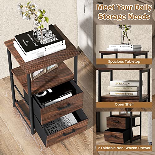 Tangkula Nightstand, Sofa Side End Table with Open Shelf & 2 Drawers, Metal Frame Bedside Table, Wooden Top 2 Drawer Dresser, Storage Unit for Bedroom, 13.5 x 12 x 23 Inch (2, Walnut)