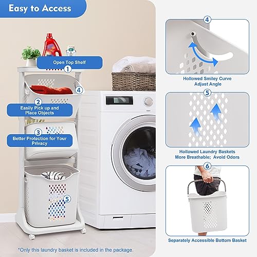 3 Tier Laundry Hamper Basket Sorter, Clothes Storage with Wheels Removable Storage Basket, Laundry Sorter Cart with Handle, Freestanding Clothes Hamper Organizer for Bathroom, Bedroom