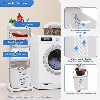 3 Tier Laundry Hamper Basket Sorter, Clothes Storage with Wheels Removable Storage Basket, Laundry Sorter Cart with Handle, Freestanding Clothes Hamper Organizer for Bathroom, Bedroom