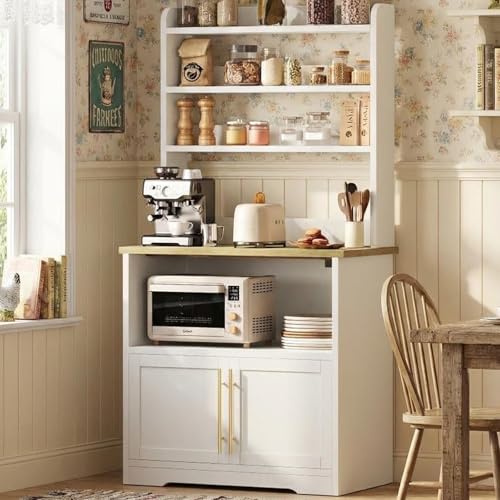 GarveeHome Bakers Rack with Power Outlet and 2 Doors, 63" Tall Farmhouse Wood Microwave Stand with Hutch & 3 Shelves, Coffee Bar Cabinet with Thick Counter, Sturdy Frame, for Kitchen, White Peer Wood - color: White Peer Wood, size: with 2 Wood Door