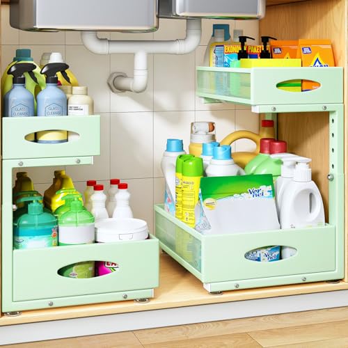 Under Sink Organizer, 2 Tier Pull Out Under Cabinet Organizer Shelf with Pad for Framed Cabinets, Metal Slide Out Under Sink Storage, Mesh Sliding Drawers for Kitchen Bathroom Laundry(Green, 1 Pack) - color: Green, size: 1-Pack