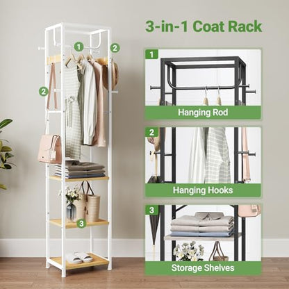 ELYKEN Coat Rack Freestanding, Hall Tree with 3 Storage Shelves and 12 Hooks, Industrial Clothes Rack Stand Organizer for Bedroom, Hallway, Entryway, Office, Living Room - color: Natural