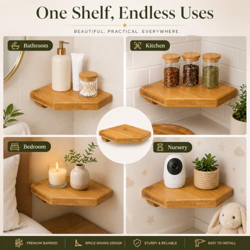 DECHOUS 5.5" Small Corner Shelf Wall Mounted, Natural Bamboo Floating Corner Shelves for Living Room, Wooden Round Rack for Security Camera & Plant