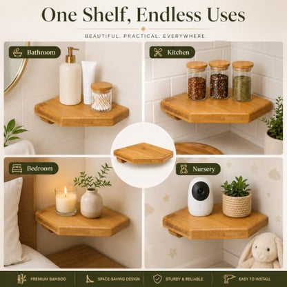 DECHOUS 5.5" Small Corner Shelf Wall Mounted, Natural Bamboo Floating Corner Shelves for Living Room, Wooden Round Rack for Security Camera & Plant