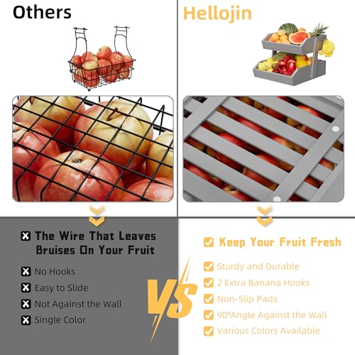 Hellojin Gray Bamboo 2 Tier Fruit Basket with Banana Hangers | Wooden Tiered Organizer, Protective Mats, Large Capacity, Versatile Holder for Bread, Snacks, Veggies, Onion and Potato - color: Grey-2 tier