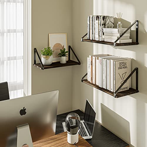 BAMEOS Floating Shelves Rustic Wood Wall Shelf, Small Bookshelf for Living Room, Office, Bedroom, with Metal Bracket - style: 3 pack Carbonized 16"W 8"D