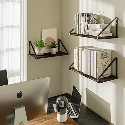 BAMEOS Floating Shelves Rustic Wood Wall Shelf, Small Bookshelf for Living Room, Office, Bedroom, with Metal Bracket - style: 3 pack Carbonized 16"W 8"D