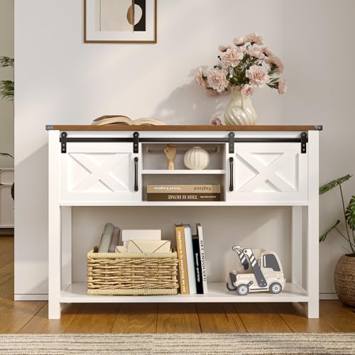 Farmhouse Entryway Table with LED Light, Sofa Table with Sliding Barn Door, Adjustable Open Shelves, 46" Rustic Console Table with Storage, Antique White Hallway for Living Room Bedroom - color: White, size: 15"D x 32"W x 46"H
