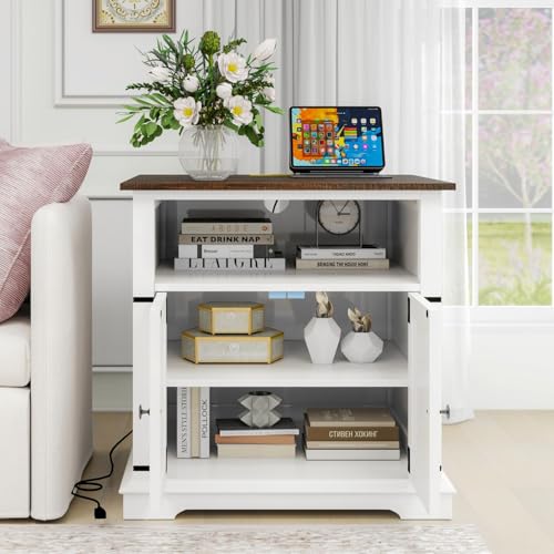 MUUEGM Farmhouse End Tables Living Room Set of 2, NightStand with Charging Station, Wooden Side Table with Adjustable Storage Shelf and Barn Door for Living Room, Bedroom, White, 2 Pack - color: White Set 2