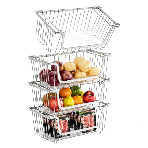 GAOKASE 4 Pcs Stackable Wire Baskets for Pantry Organizers and Storage,Vegetable Fruit Basket for Countertop,Kitchen Storage Metal Baskets,Produce Potato Onion Storage Bin,silver - color: 1-silver