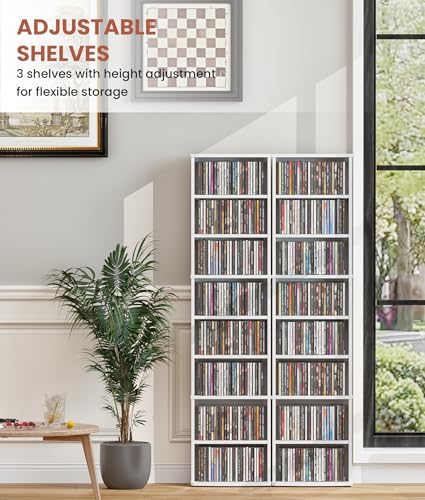 CD Tower Storage Rack, 8-Tier CD Storage Shelf with Adjustable Shelves DVD Stand Tower for Living Room Bedroom Office, White