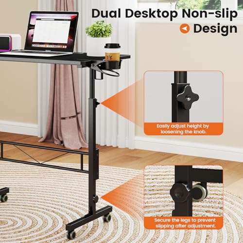 Hadulcet Small Standing Desk Adjustable Height, Mobile Stand Up Desk with Wheels, Portable Walking Pad Table Stand, Rolling Laptop Cart for Standing or Sitting, Black - color: Black