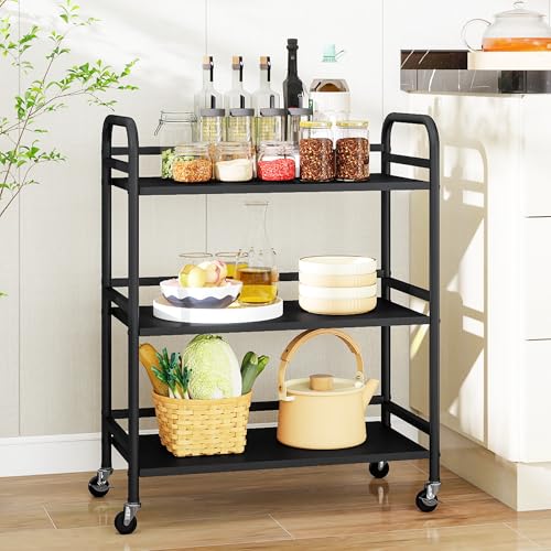 DCLRN 3 Tier Rolling Cart with Lockable Wheels Sturdy Construction,Solid Shelves,Recessed Screw Holes Ideal for Kitchen and Home Storage Size:23.6" Dx11.8 Wx29.5 H(Black) - size: Large