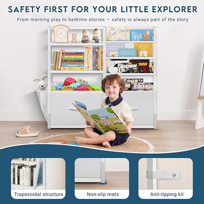 LOFTEY Kids Bookshelf and Toy Storage, Toy Box with Bookshelf, White | 29.5" Child-Friendly Height, 2 Large Fabric Drawers, 4 Sling Book Pockets, Anti-Tip Straps, for Nursery, Bedroom and Playroom