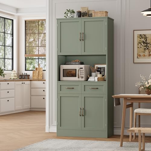 HOSTACK 71" Tall Kitchen Pantry Storage Cabinet, Wood Kitchen Hutch, Green | Modern Pantry Cabinet with Microwave Stand, Hutch Cabinet with Countertop & Drawers, Storage Cabinet for Living Room - color: Green + Bronze Handles
