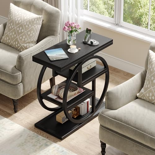 Tribesigns Black End Table for Living Room, 4-Tier Narrow Side Table with Storage Shelves, Modern Bedside Table for Bedroom, Wood Small Sofa Side Table with Geometric Metal Frame (1 PC, Black) - color: Black