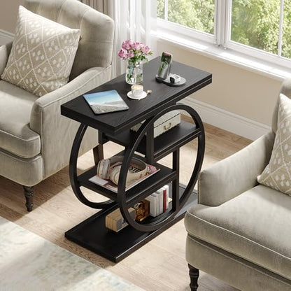 Tribesigns Black End Table for Living Room, 4-Tier Narrow Side Table with Storage Shelves, Modern Bedside Table for Bedroom, Wood Small Sofa Side Table with Geometric Metal Frame (1 PC, Black) - color: Black