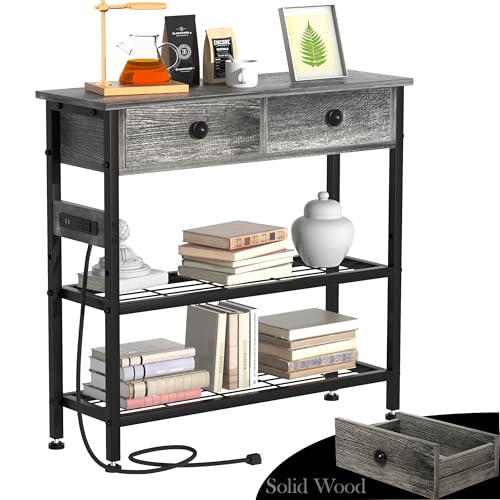 GRLEAF 32" Console Table with Outlets & USB Ports – Narrow Entryway Table with 2 Drawers and Storage Shelves, Power Strip Sofa Table for Living Room, Hallway, Kitchen, Foyer – Grey Wood Finish - color: Grey, size: 32IN