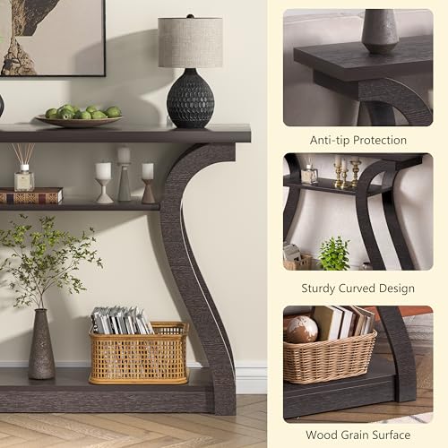 47" Wood Console Table for Entryway, Narrow Sofa Table with 3-Tier Shelves | Curved Legs Farmhouse Hallway Table, Skinny Console Table Behind Couch, Rustic Wooden Entry Table for Living Room (Brown) - color: Dark Brown