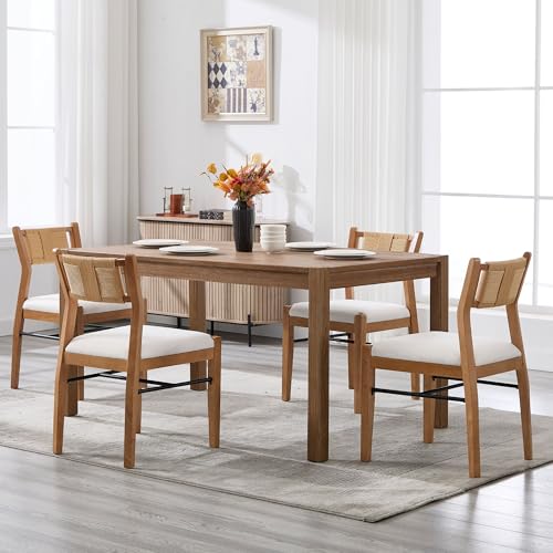 BESTANO Modern Armless Dining Chairs with Rope Woven Back Set of 6, Beige Linen Fabric Upholstered Kitchen & Dining Room Chairs, Mid-Century Classic Farmhouse Wooden Side Chair - color: Beige, size: 6 Chairs