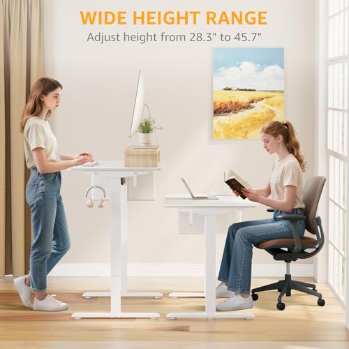 White Electric Sit To Stand Desk - 40 Inch Small Computer Desk Adjustable Height for Work Study Writing, Compact Sit Stand up Desks Table Workstation for Small Space Adult Boy Girl Home Office Bedroom - size: 39.4''