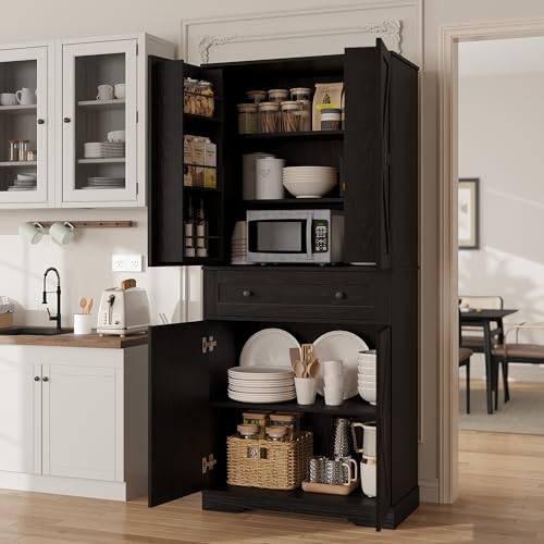 Garvee 71" Kitchen Pantry Cabinet, Barn Door Freestanding Cupboard with Drawer, Sliding Storage Rack, and 6 Hanging Shelves for Kitchen, Dining Room, Living Room Bedroom - color: Black