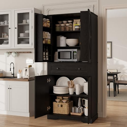 Garvee 71" Kitchen Pantry Cabinet, Barn Door Freestanding Cupboard with Drawer, Sliding Storage Rack, and 6 Hanging Shelves for Kitchen, Dining Room, Living Room Bedroom - color: Black