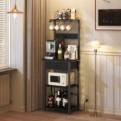 MAHANCRIS Bakers Rack with Drawer, Microwave Stand with Power Outlet, Coffee Bar Station with 4 Hooks, Kitchen Storage Shelf Rack 4 Tiers, for Kitchen, Dining Room, Black BRBK48E01 - color: Black