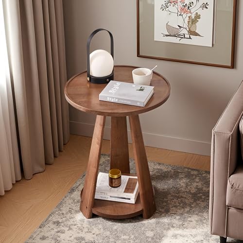 100% Solid Wood Round End Table, 2-Tier Side Table with Anti-Drop Tray Top, Sturdy Accent Nightstand for Living Room, Bedroom & Small Spaces, Space Saving Home Decor - color: Walnut, size: 19.7”x 23.6”