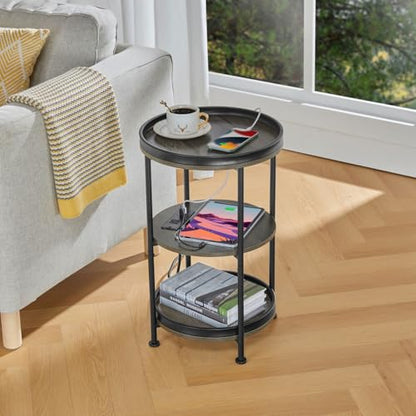 Dulcii Round Side Table with Charging Station, End Table with 3 Shelves for Living Room, Bedroom Nightstand with Steel Frame for Small Spaces, Industrial Round Sofa Table (USB+Grey) - color: Grey, style: With Outlets